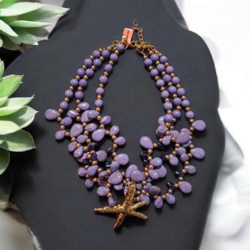 Faux Purple Turquoise and Beaded Goldtone Statement Necklace w/Starfish Charm